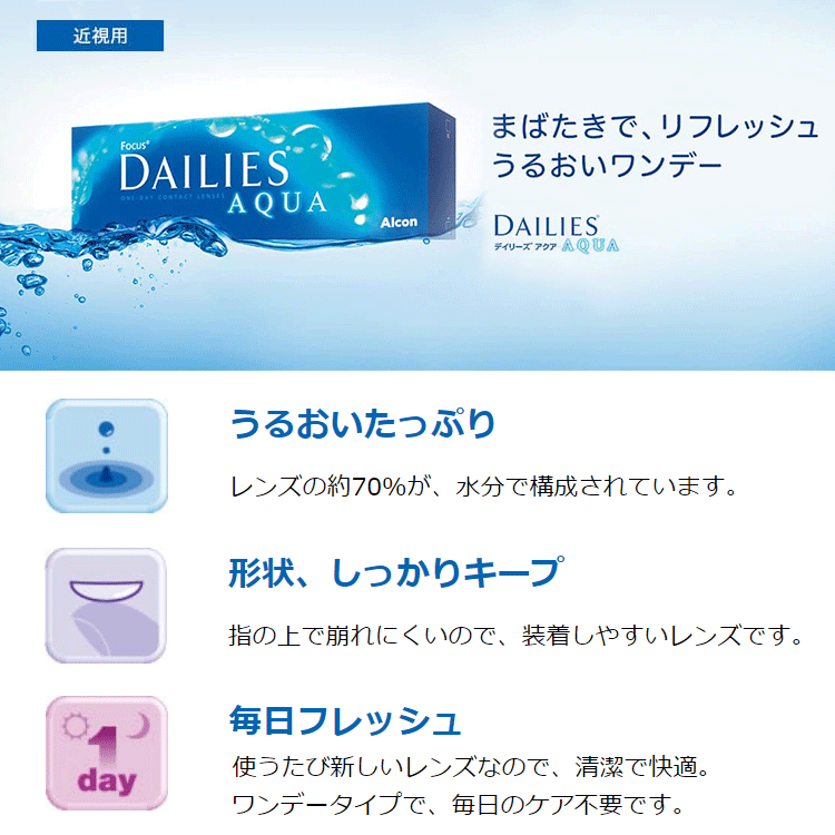 アルコンのワンデーコンタクトレンズ「デイリーズアクア」の特長